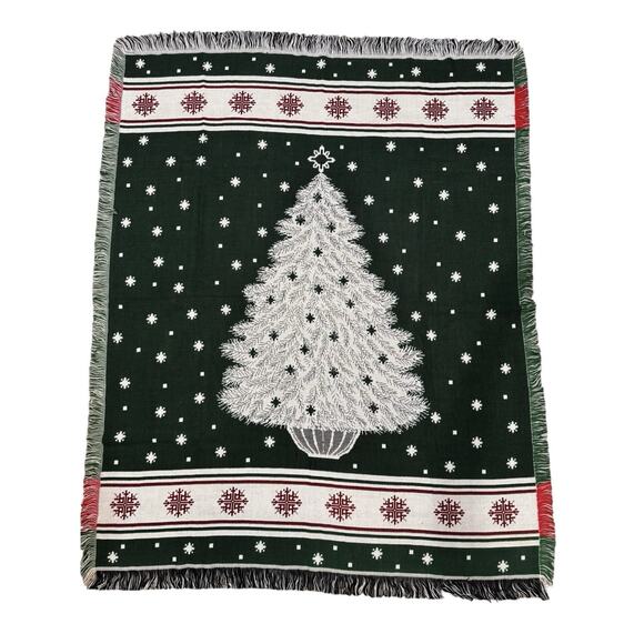 Fieldcrest? Christmas Tree Red Green Woven Tapestry Throw Blanket 50’ X 60’ - Picture 1 of 2